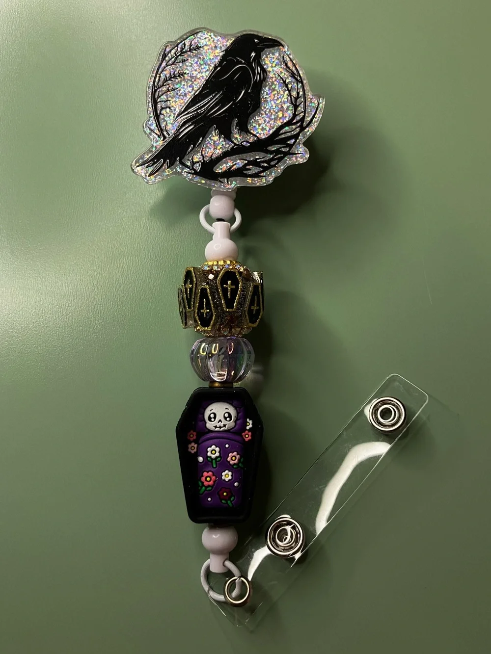 Raven Silver Sparkle Badge Reel with Coffin Beads • Handmade Halloween Work Gift